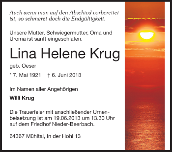Traueranzeige von Lina Helene Krug von Echo-Zeitungen (Gesamtausgabe)