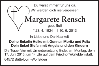 Traueranzeige von Margarete Rensch von Rüsselsheimer Echo, Groß-Gerauer-Echo, Ried Echo