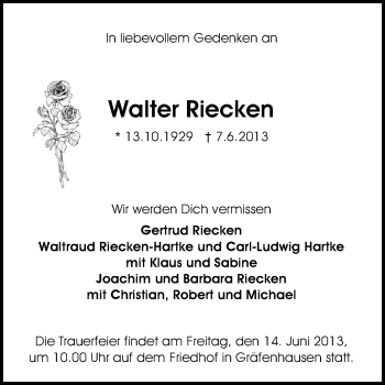 Traueranzeige von Walter Riecken von Echo-Zeitungen (Gesamtausgabe)