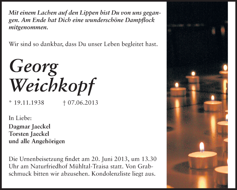  Traueranzeige für Georg Weichkopf vom 12.06.2013 aus Echo-Zeitungen (Gesamtausgabe)