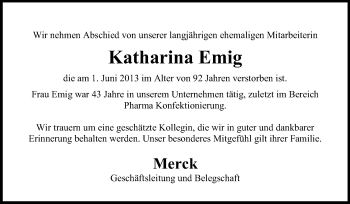 Traueranzeige von Katharina Emig von Echo-Zeitungen (Gesamtausgabe)