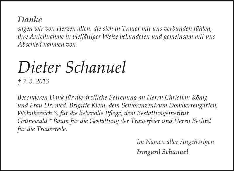  Traueranzeige für Dieter Schanuel vom 15.06.2013 aus Echo-Zeitungen (Gesamtausgabe)