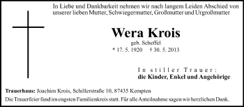 Traueranzeige von Wera Krois von Echo-Zeitungen (Gesamtausgabe)