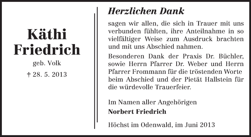  Traueranzeige für Käthi Friedrich vom 15.06.2013 aus Odenwälder Echo