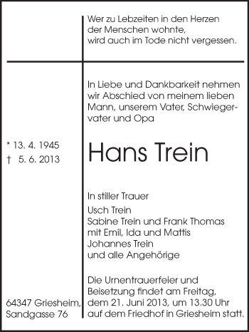 Traueranzeige von Hans Trein von Echo-Zeitungen (Gesamtausgabe)