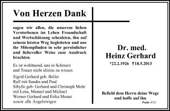 Traueranzeige von Heinz Gerhard von Echo-Zeitungen (Gesamtausgabe)
