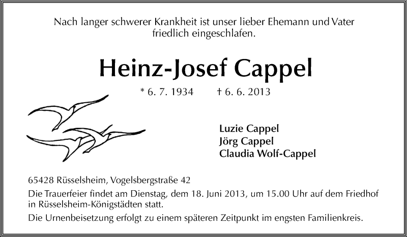  Traueranzeige für Heinz-Josef Cappel vom 14.06.2013 aus Rüsselsheimer Echo, Groß-Gerauer-Echo, Ried Echo