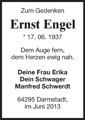 Traueranzeige von Ernst Engel von Echo-Zeitungen (Gesamtausgabe)
