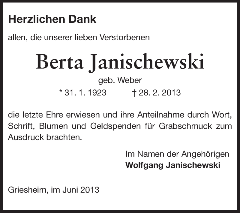  Traueranzeige für Berta Janischewski vom 15.06.2013 aus Echo-Zeitungen (Gesamtausgabe)