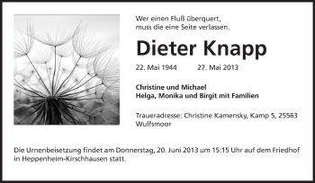 Traueranzeige von Dieter Knapp von Starkenburger Echo
