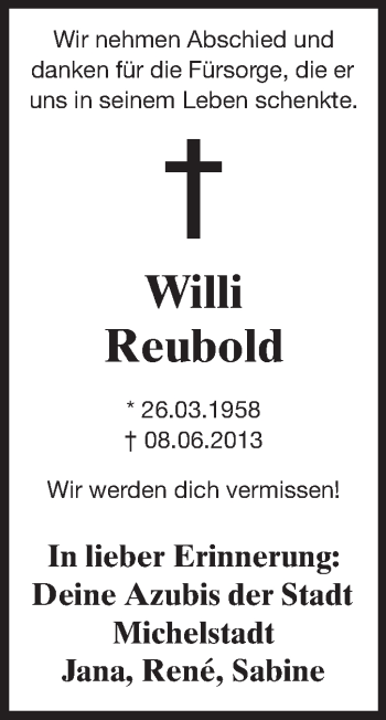 Traueranzeige von Willi Reubold von Odenwälder Echo