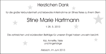 Traueranzeige von Stine Marie Hartmann von Echo-Zeitungen (Gesamtausgabe)