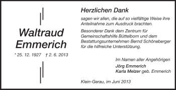 Traueranzeige von Waltraud Emmerich von Rüsselsheimer Echo, Groß-Gerauer-Echo, Ried Echo