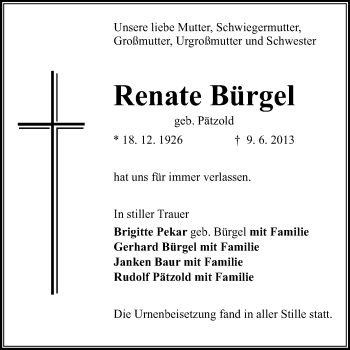 Traueranzeige von Renate Bürgel von Rüsselsheimer Echo, Groß-Gerauer-Echo, Ried Echo