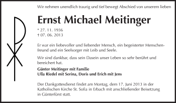 Traueranzeige von Ernst Michael Meitinger von Odenwälder Echo