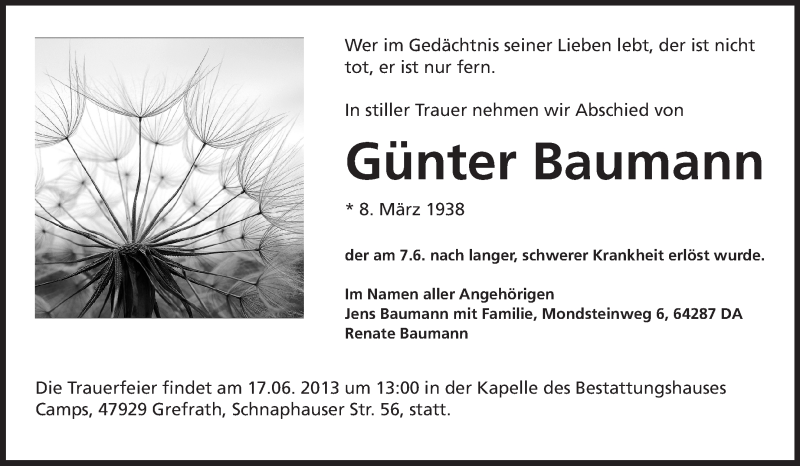  Traueranzeige für Günter Baumann vom 15.06.2013 aus Echo-Zeitungen (Gesamtausgabe)