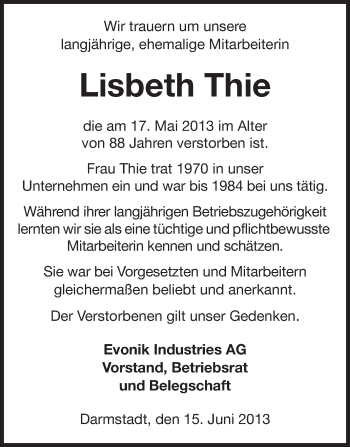 Traueranzeige von Lisbeth Thie von Echo-Zeitungen (Gesamtausgabe)