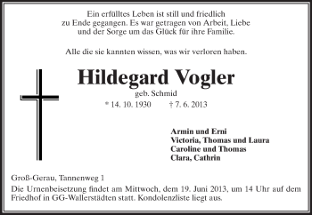 Traueranzeige von Hildegard Vogler von Rüsselsheimer Echo, Groß-Gerauer-Echo, Ried Echo