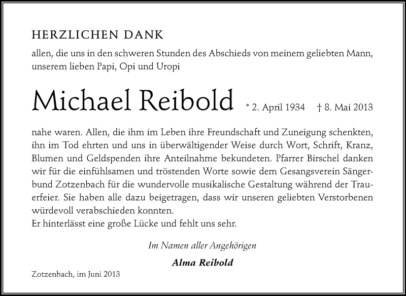  Traueranzeige für Michael Reibold vom 15.06.2013 aus Starkenburger Echo