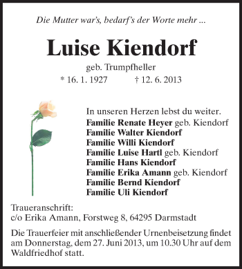 Traueranzeige von Luise Kiendorf von Echo-Zeitungen (Gesamtausgabe)