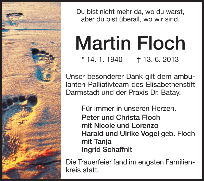  Traueranzeige für Martin Floch vom 22.06.2013 aus Echo-Zeitungen (Gesamtausgabe)