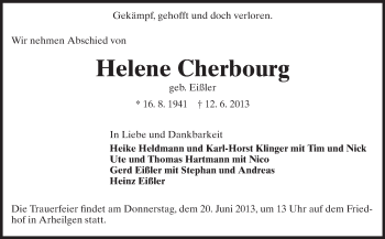 Traueranzeige von Helene Cherbourg von Echo-Zeitungen (Gesamtausgabe)