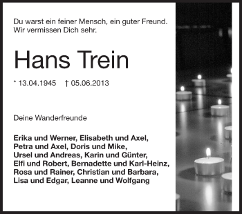 Traueranzeige von Hans Trein von Echo-Zeitungen (Gesamtausgabe)