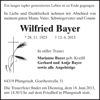Traueranzeige von Wilfried Bayer von Echo-Zeitungen (Gesamtausgabe)