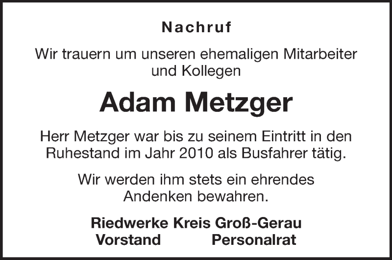  Traueranzeige für Adam Metzger vom 15.06.2013 aus Rüsselsheimer Echo, Groß-Gerauer-Echo, Ried Echo