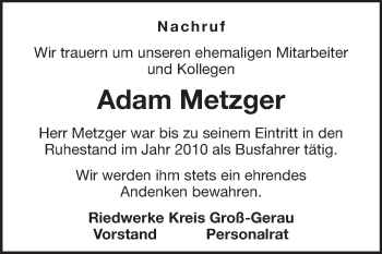 Traueranzeige von Adam Metzger von Rüsselsheimer Echo, Groß-Gerauer-Echo, Ried Echo