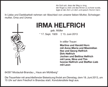 Traueranzeige von Irma Helfrich von Echo-Zeitungen (Gesamtausgabe)