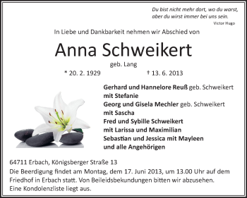 Traueranzeige von Anna Schweikert von Odenwälder Echo