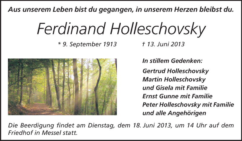 Traueranzeige für Ferdinand Holleschovsky vom 15.06.2013 aus Darmstädter Echo, Odenwälder Echo, Rüsselsheimer Echo, Groß-Gerauer-Echo, Ried Echo
