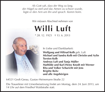Traueranzeige von Willi Luft von Rüsselsheimer Echo, Groß-Gerauer-Echo, Ried Echo