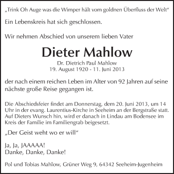 Traueranzeige von Dieter Mahlow von Echo-Zeitungen (Gesamtausgabe)