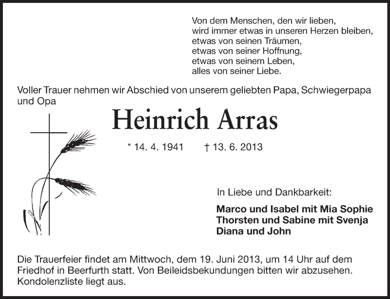  Traueranzeige für Heinrich Arras vom 17.06.2013 aus Echo-Zeitungen (Gesamtausgabe)