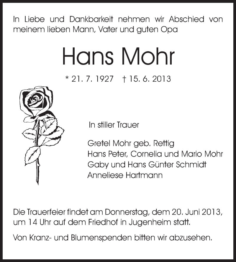  Traueranzeige für Hans Mohr vom 17.06.2013 aus Echo-Zeitungen (Gesamtausgabe)
