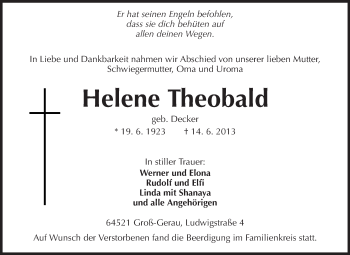 Traueranzeige von Helene Theobald von Rüsselsheimer Echo, Groß-Gerauer-Echo, Ried Echo