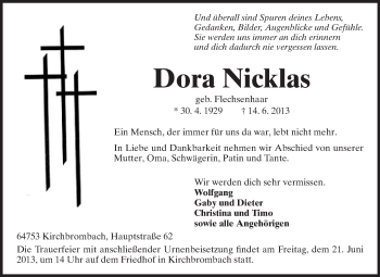 Traueranzeige von Dora Nicklas von Odenwälder Echo