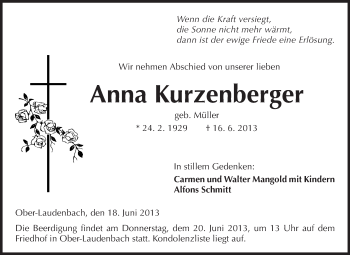 Traueranzeige von Anna Kurzenberger von Starkenburger Echo
