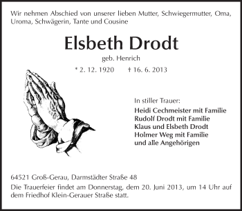 Traueranzeige von Elsbeth Droth von Rüsselsheimer Echo, Groß-Gerauer-Echo, Ried Echo