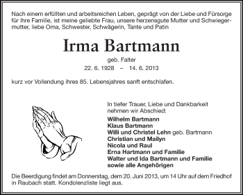 Traueranzeige von Irma Bartmann von Odenwälder Echo