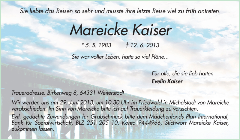 Traueranzeige für Mareicke Kaiser vom 19.06.2013 aus Echo-Zeitungen (Gesamtausgabe)