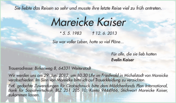 Traueranzeige von Mareicke Kaiser von Echo-Zeitungen (Gesamtausgabe)