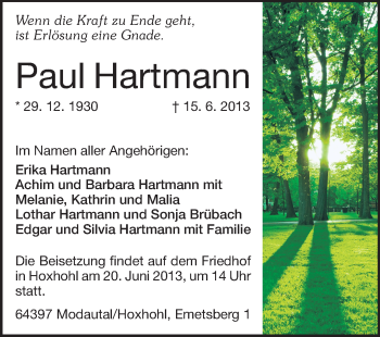 Traueranzeige von Paul Hartmann von Echo-Zeitungen (Gesamtausgabe)