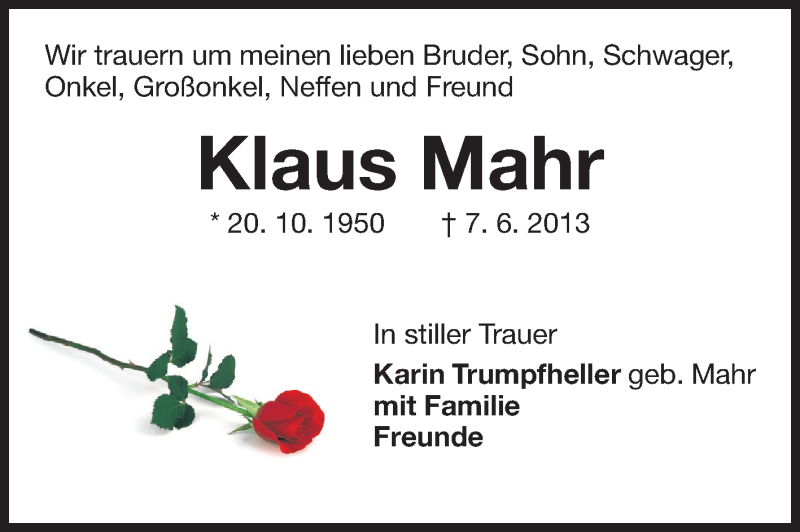  Traueranzeige für Klaus Mahr vom 19.06.2013 aus Odenwälder Echo