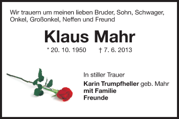 Traueranzeige von Klaus Mahr von Odenwälder Echo