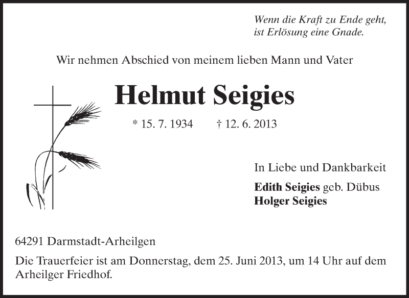  Traueranzeige für Helmut Seigies vom 19.06.2013 aus Echo-Zeitungen (Gesamtausgabe)