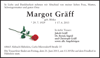 Traueranzeige von Margot Gräff von Echo-Zeitungen (Gesamtausgabe)