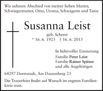 Traueranzeige von Susanna Leist von Echo-Zeitungen (Gesamtausgabe)
